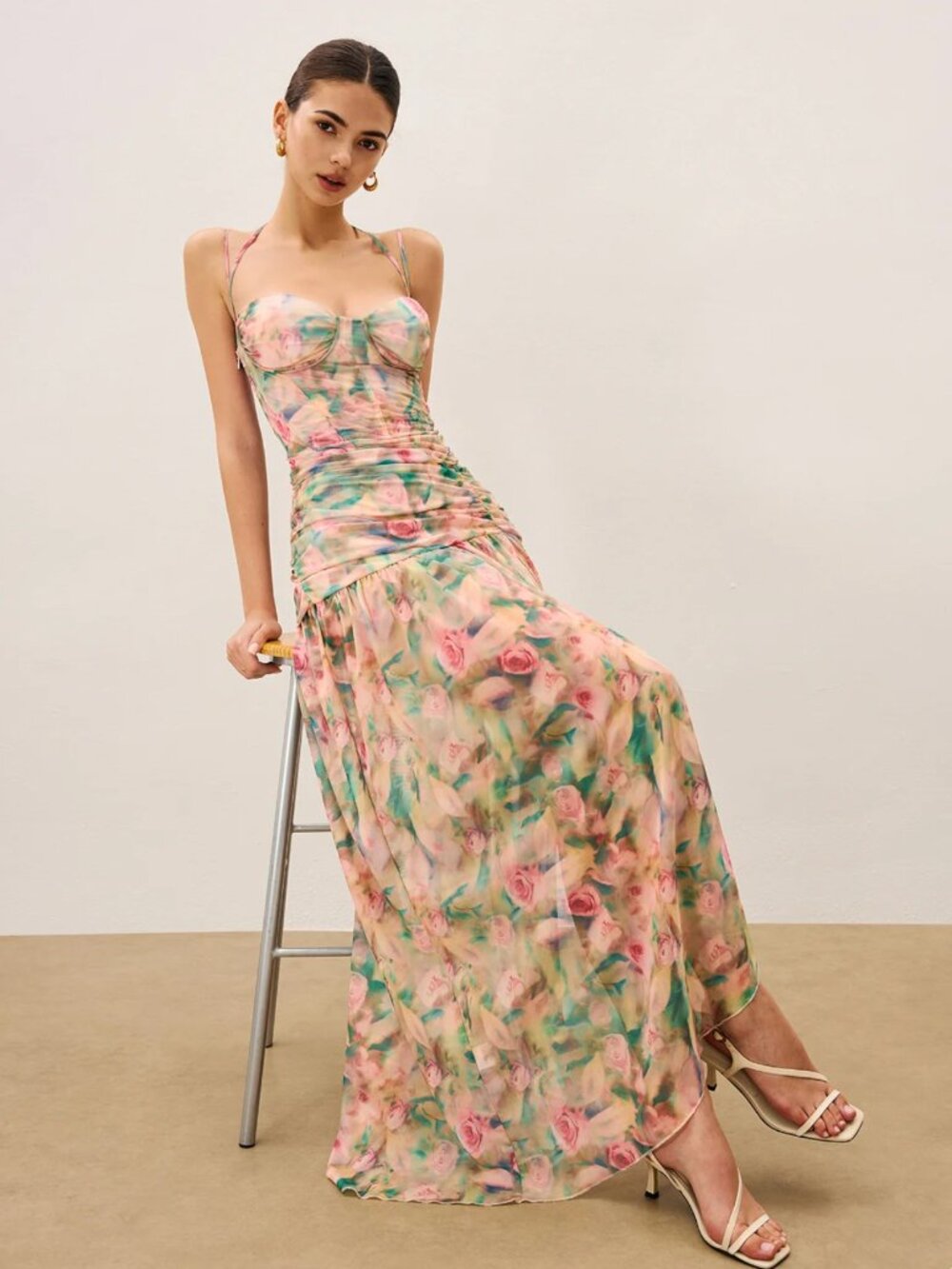 Commense Floral Print Ruched Cami Dress With High Split